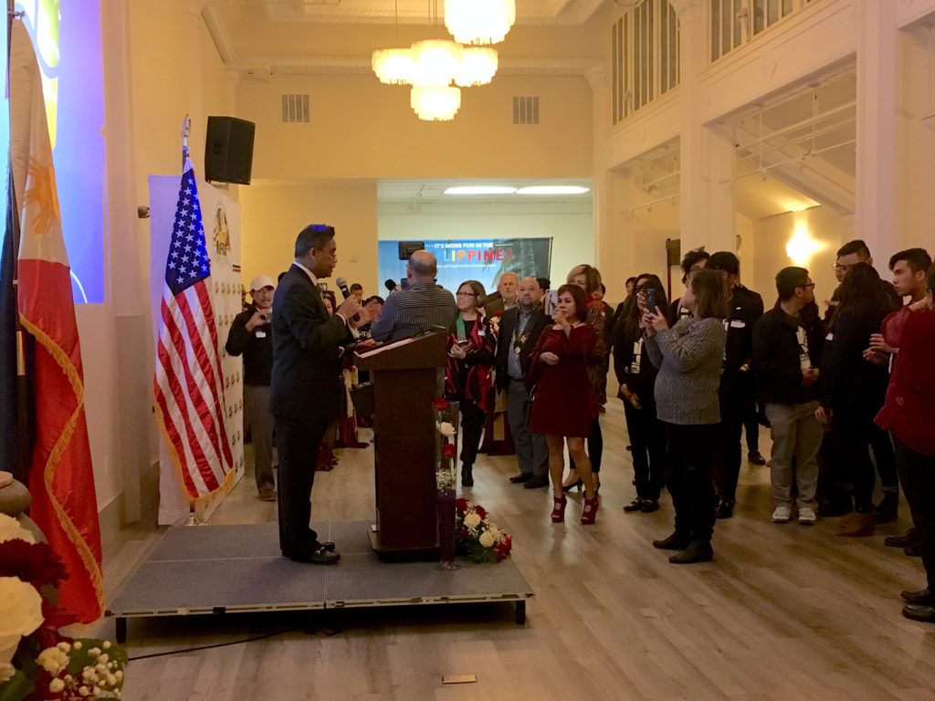 <photo> Consul General Henry Bensurto Jr. expressing welcome remarks to Filipino American Leaders during the NaFFAA 2018 Leadership Summit at the Philippine Center Building in San Francisco on January 26, 2018.